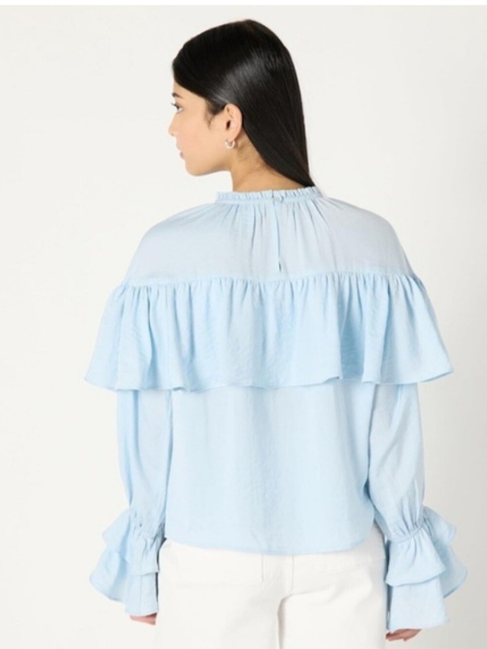 Light Blue Ruffled Long-Sleeve Blouse - Picture 2 of 7